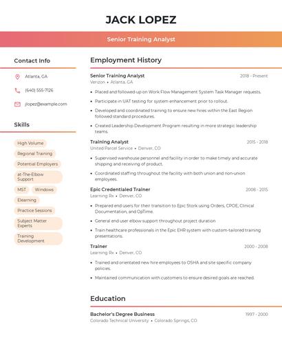Senior Training Analyst Resume