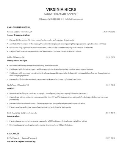 Senior Treasury Analyst Resume