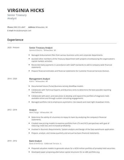 Senior Treasury Analyst Resume