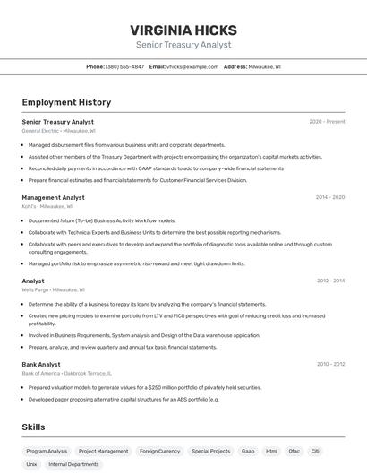 Senior Treasury Analyst Resume