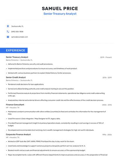 Senior Treasury Analyst Resume