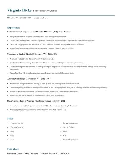 Senior Treasury Analyst Resume