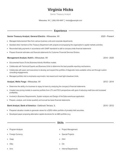 Senior Treasury Analyst Resume