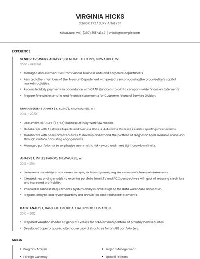 Senior Treasury Analyst Resume