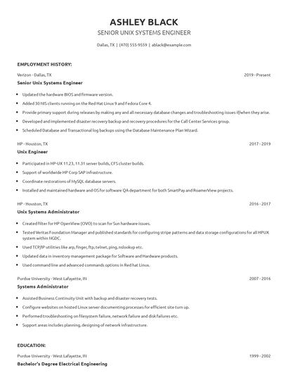 Senior Unix Systems Engineer Resume