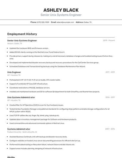 Senior Unix Systems Engineer Resume