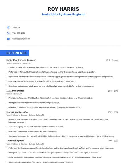 Senior Unix Systems Engineer Resume