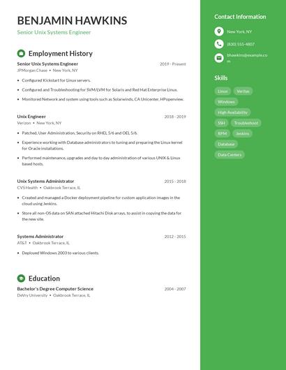 Senior Unix Systems Engineer Resume