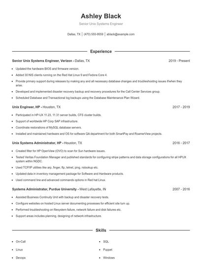 Senior Unix Systems Engineer Resume