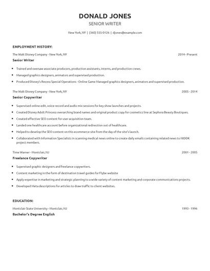 Senior Writer Resume