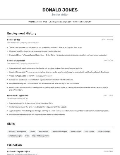 Senior Writer Resume