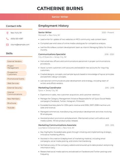Senior Writer Resume