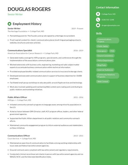 Senior Writer Resume