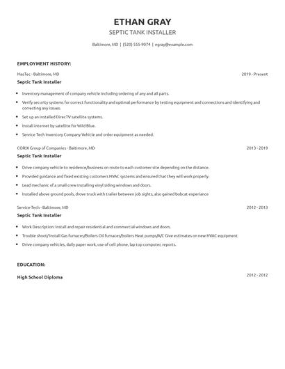 Septic Tank Installer Resume