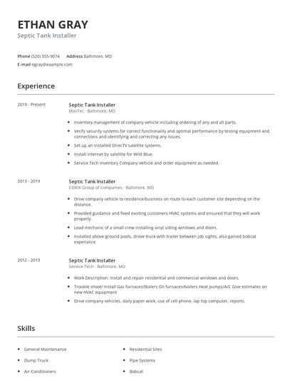 Septic Tank Installer Resume