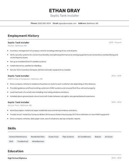 Septic Tank Installer Resume