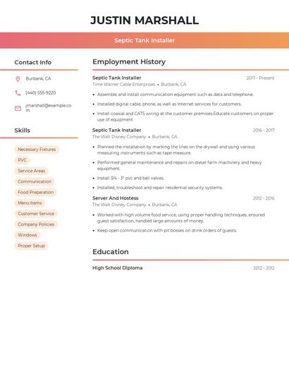 Septic Tank Installer Resume