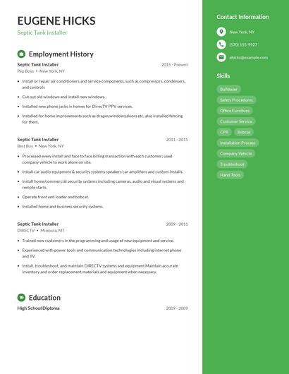 Septic Tank Installer Resume