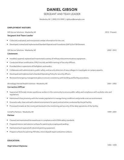 Sergeant And Team Leader Resume