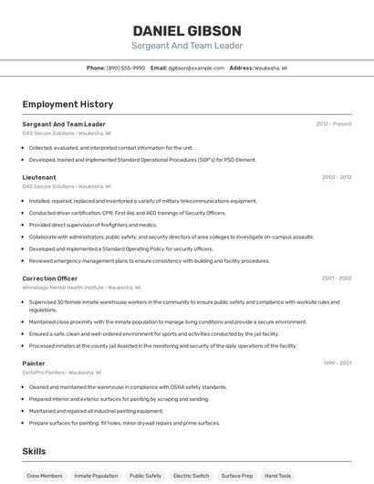 Sergeant And Team Leader Resume