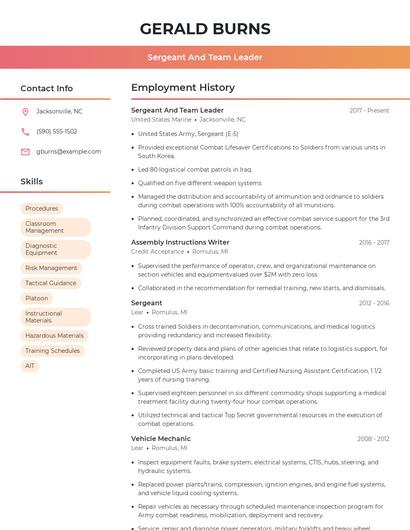 Sergeant And Team Leader Resume