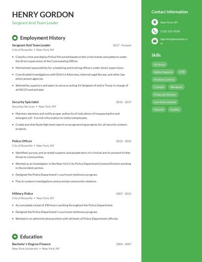 Sergeant And Team Leader Resume