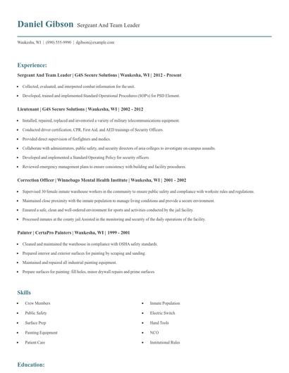 Sergeant And Team Leader Resume