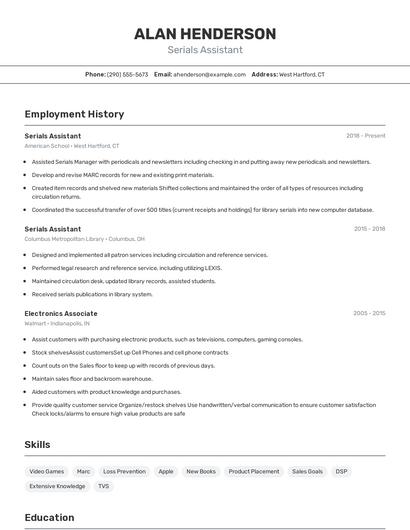 Serials Assistant Resume