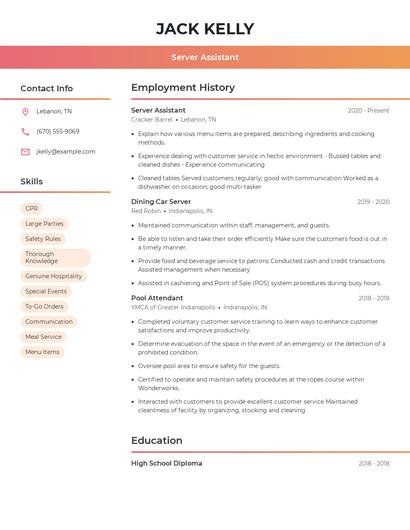 Server Assistant Resume