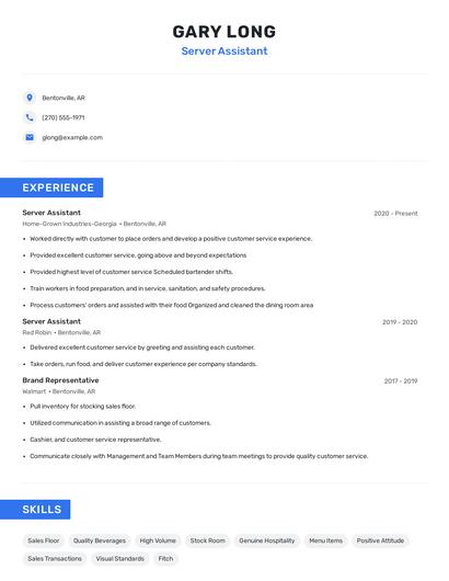 Server Assistant Resume