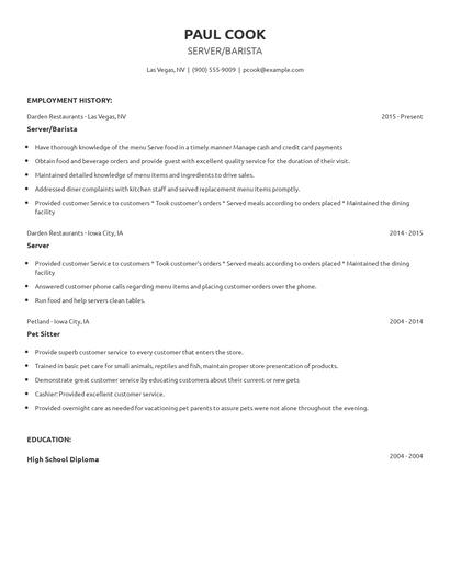 Server/Barista Resume