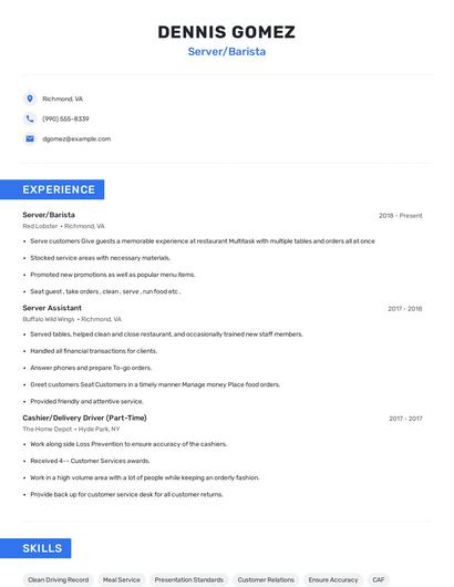 Server/Barista Resume