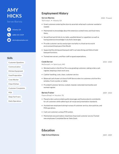 Server/Barista Resume
