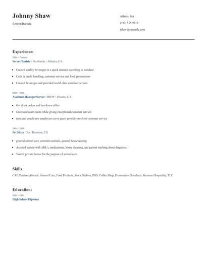 Server/Barista Resume