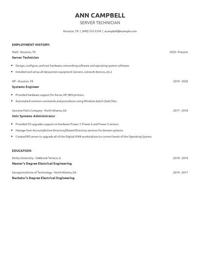 Server Technician Resume