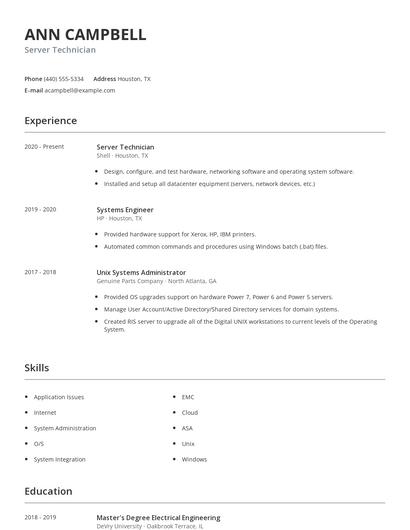 Server Technician Resume