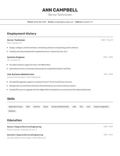 Server Technician Resume