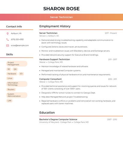 Server Technician Resume
