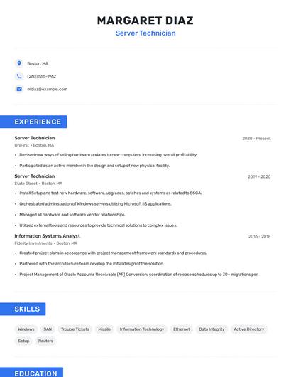 Server Technician Resume