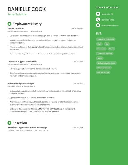 Server Technician Resume
