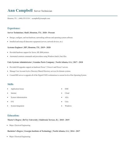 Server Technician Resume