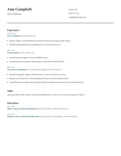 Server Technician Resume