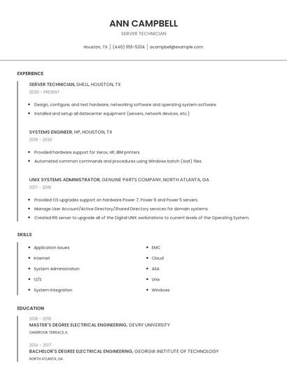 Server Technician Resume