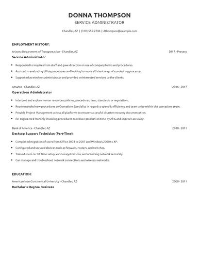 Service Administrator Resume