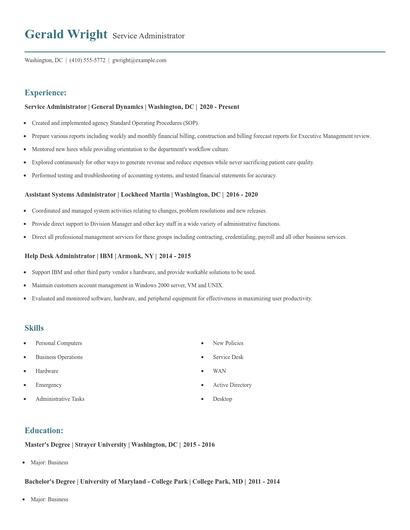 Service Administrator Resume