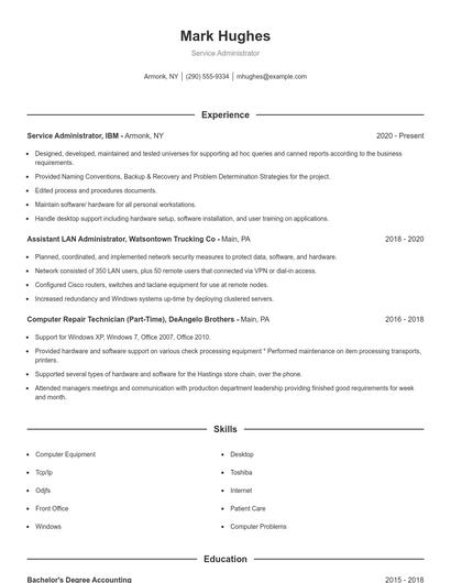 Service Administrator Resume