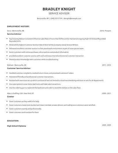 Service Advisor Resume