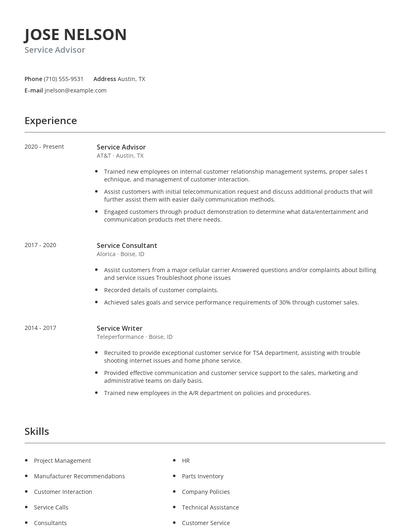 Service Advisor Resume