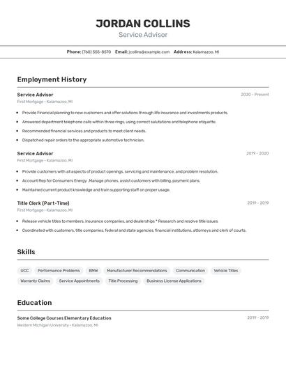Service Advisor Resume