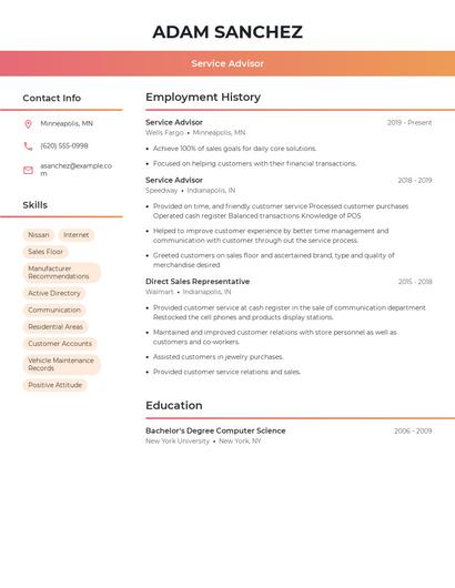 Service Advisor Resume